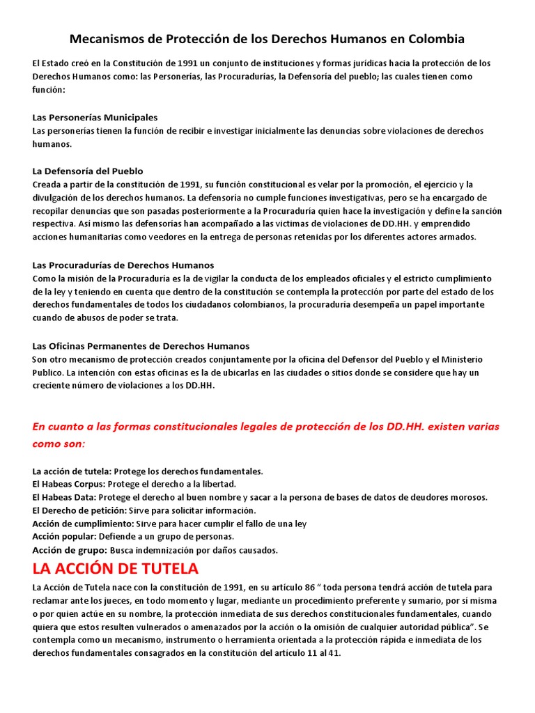 Mecanismos de Protección de Los Derechos Humanos en Colombia | PDF ...