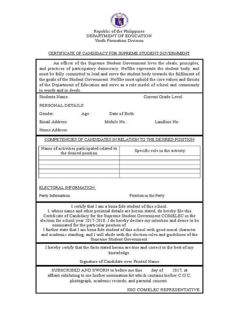 Certificate of Candidacy for SSG | PDF