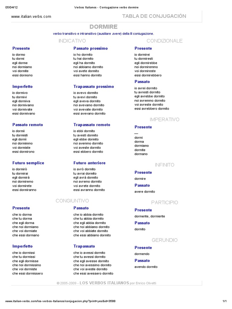 Verbos Italianos Coniugazione Verbo Dormire PDF