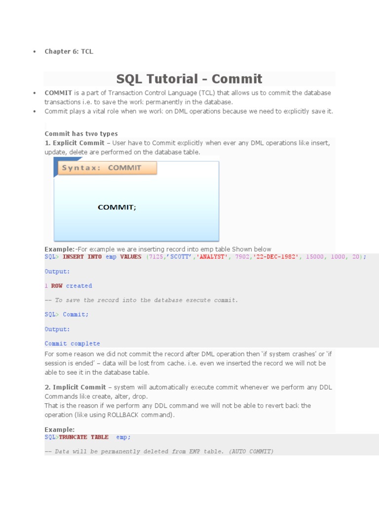 SQL Tutorial - Commit: Insert Into Values | PDF | Sql | Database ...