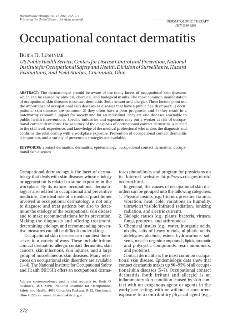 Occupational Contact Dermatitis Abstract PDF Dermatitis Allergy