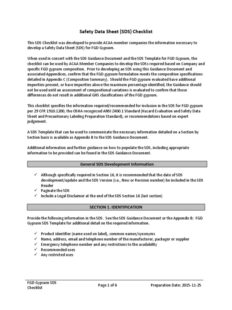 FGD Gypsum SDS checklist PDF Carcinogen Toxicity