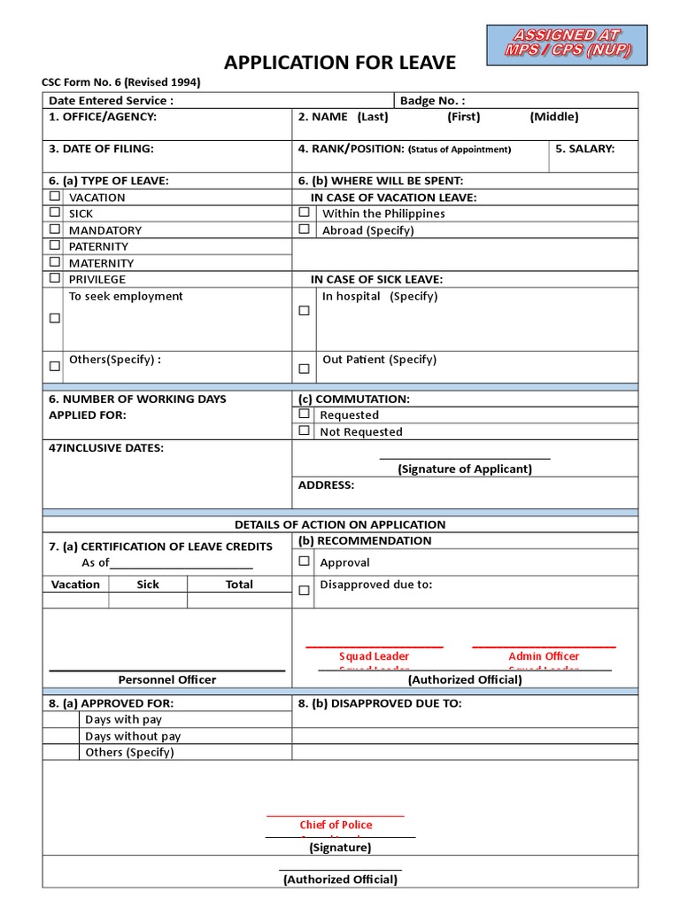 Application For Leave: CSC Form No. 6 (Revised 1994) | PDF | Sick Leave ...