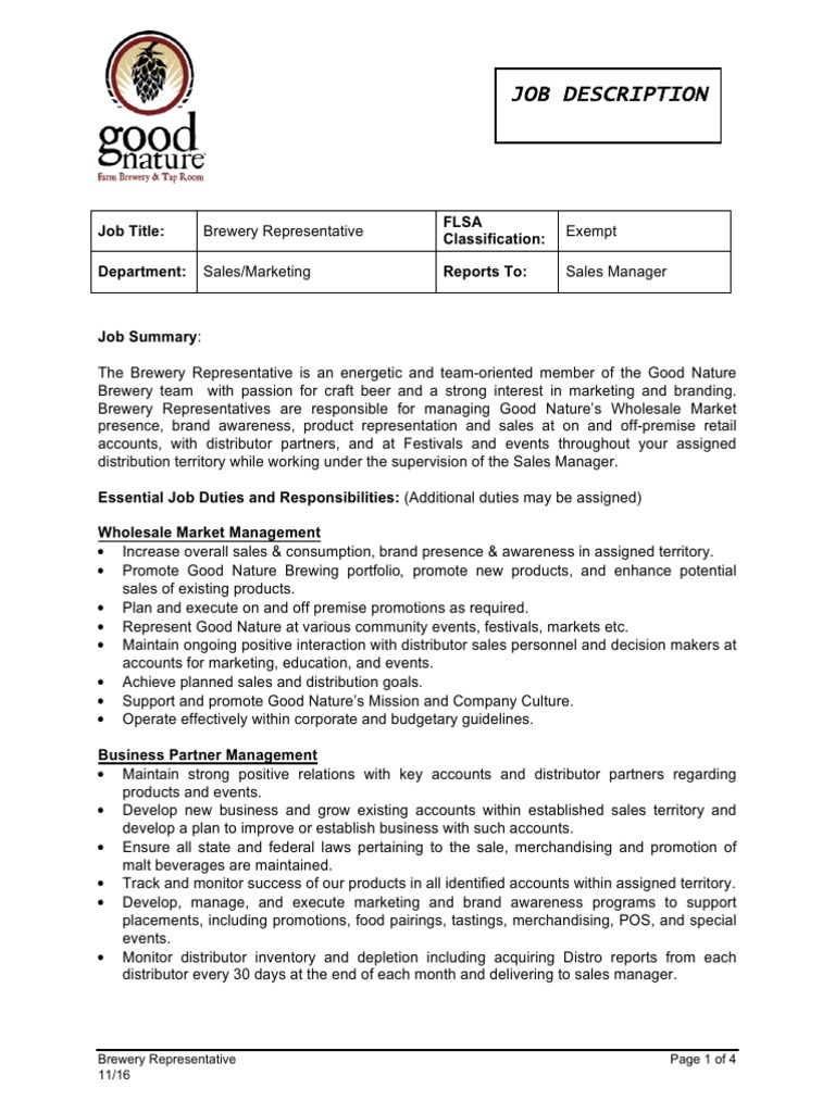 Brewery Rep Job Description 11 16 PDF Point Of Sale Sales