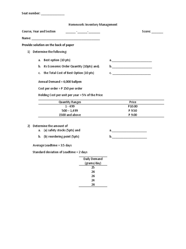 Inventory Management Homework Solutions | PDF