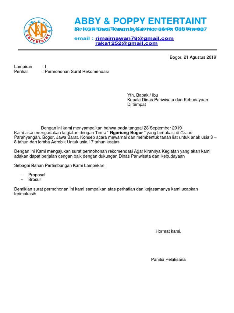 Surat Permohonan Dinas Pariwisata Dan Budaya