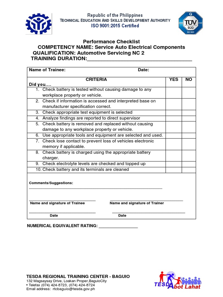 Performance Checklist COMPETENCY NAME Service Auto Electrical