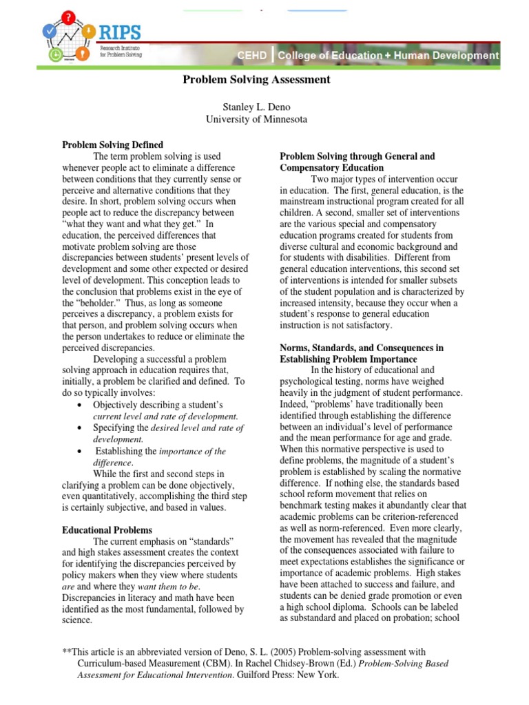 Problem Solving Assessment: Stanley L. Deno University of Minnesota ...