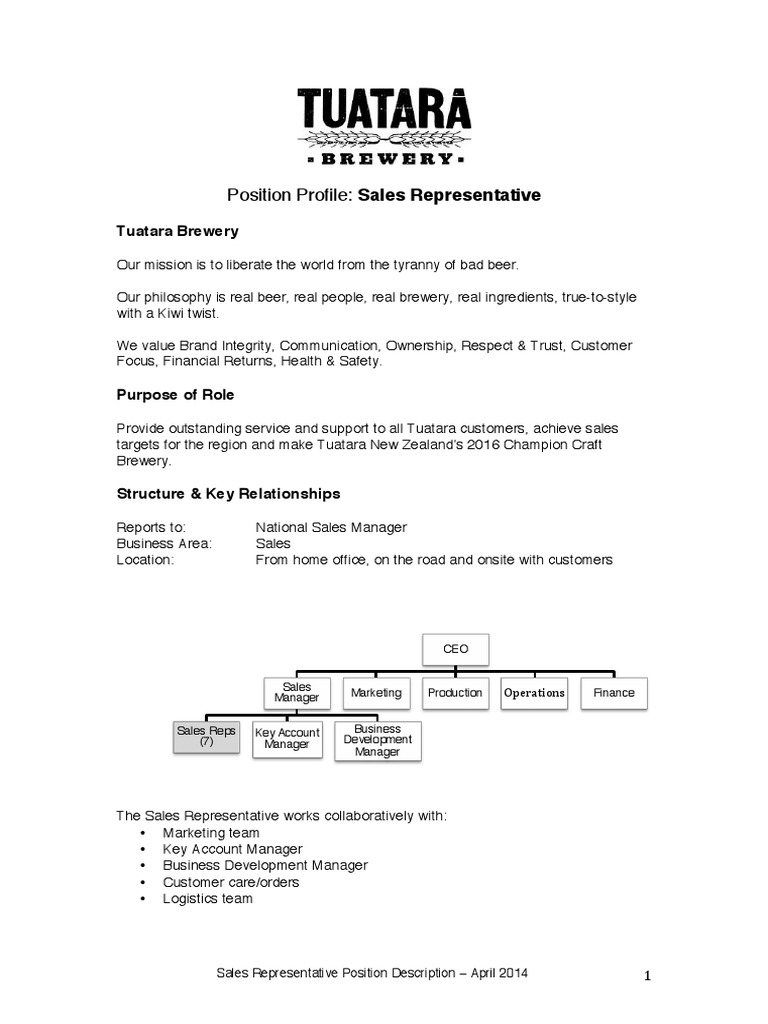 Sales Representative Job Description | PDF | Sales | Brewery