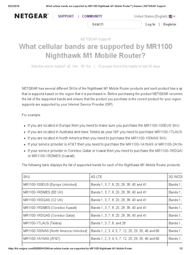 What Cellular Bands Are Supported by MR1100 Nighthawk M1 Mobile Router