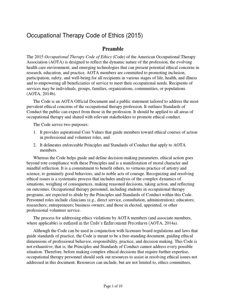 AOTA Code of Ethics (2015) PDF | PDF | Occupational Therapy | Autonomy