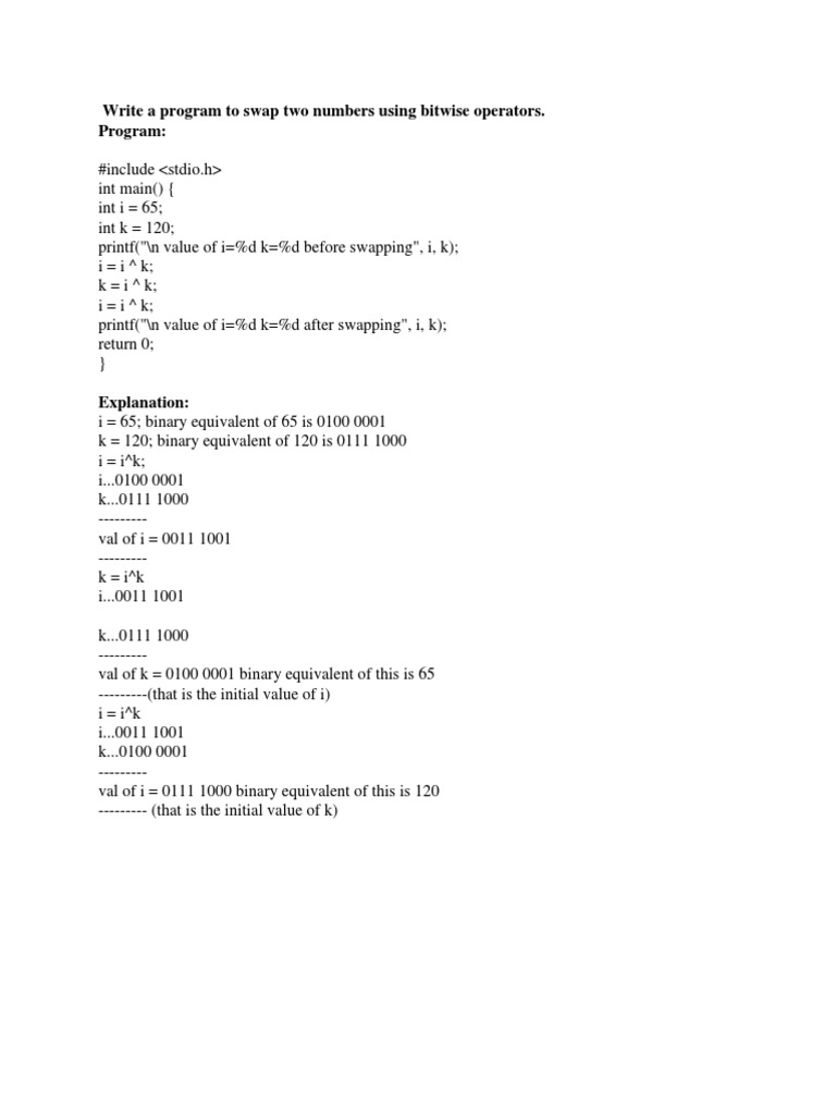 Swap Two Numbers Using Bitwise Operators | PDF