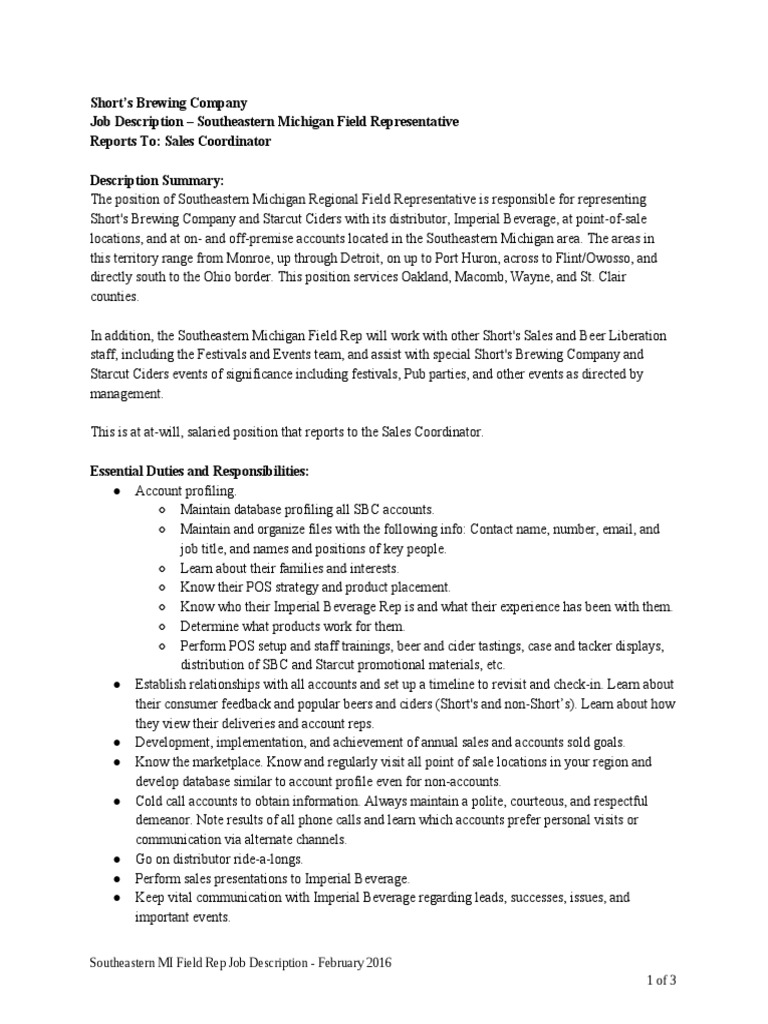 Short's Brewing Company Job Description Southeastern Michigan Field
