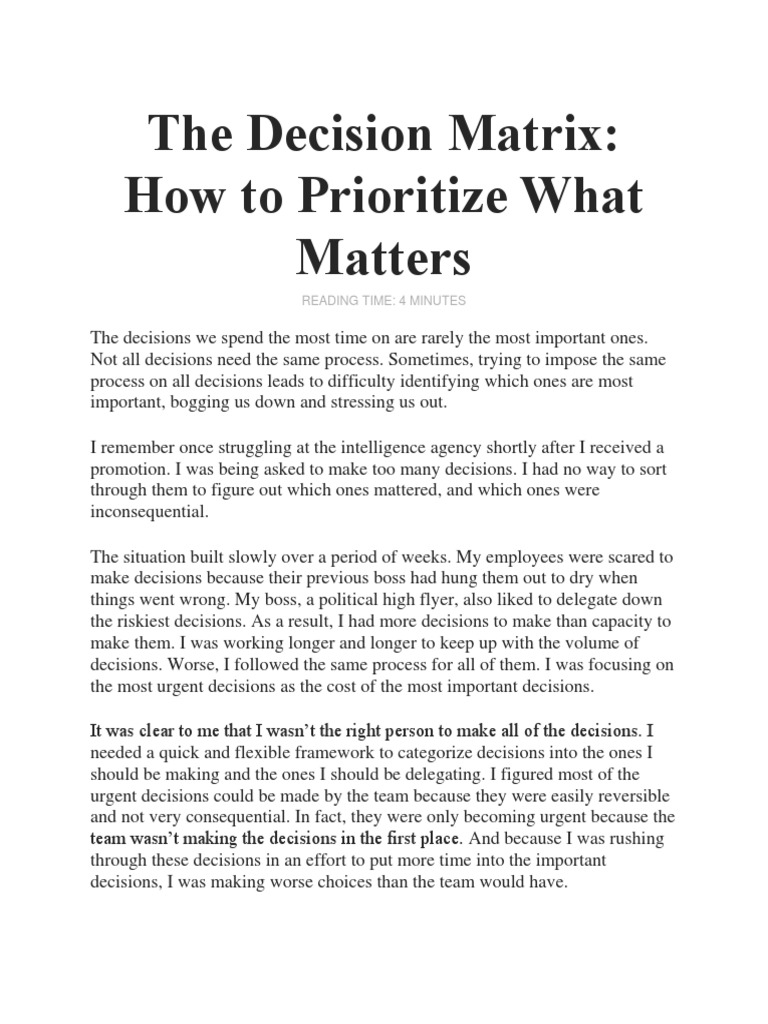 Decision Matrix for Personal Prioritization | PDF | Decision Making ...