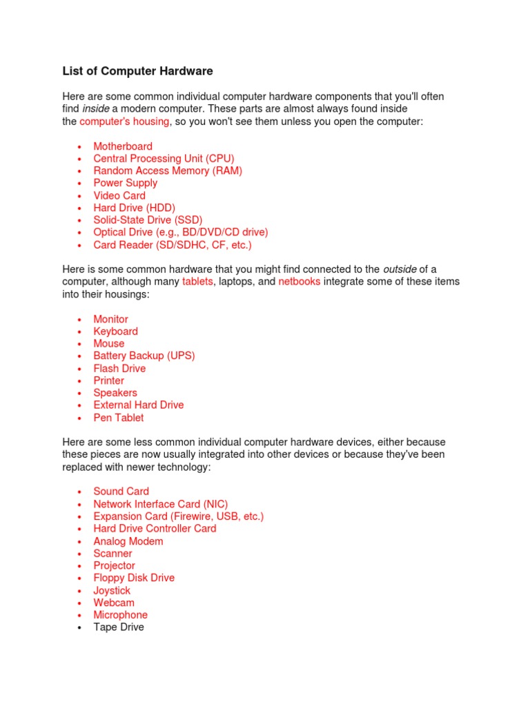 List of Computer Hardware PDF