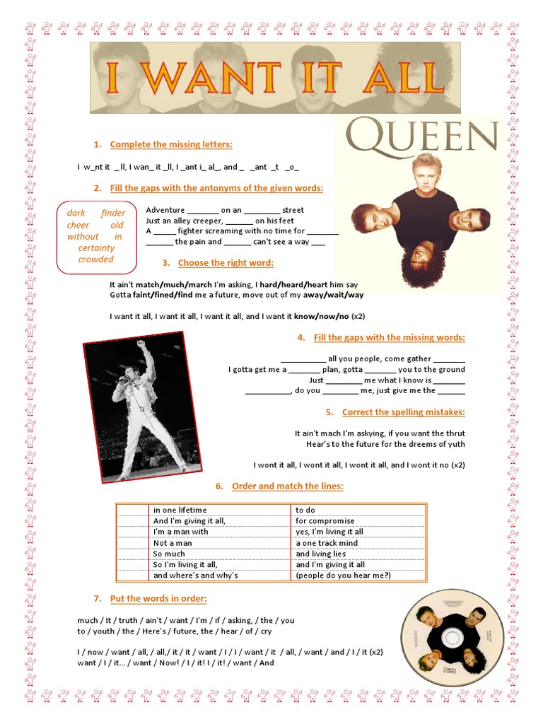 Song I Want It All Queen Activities | PDF