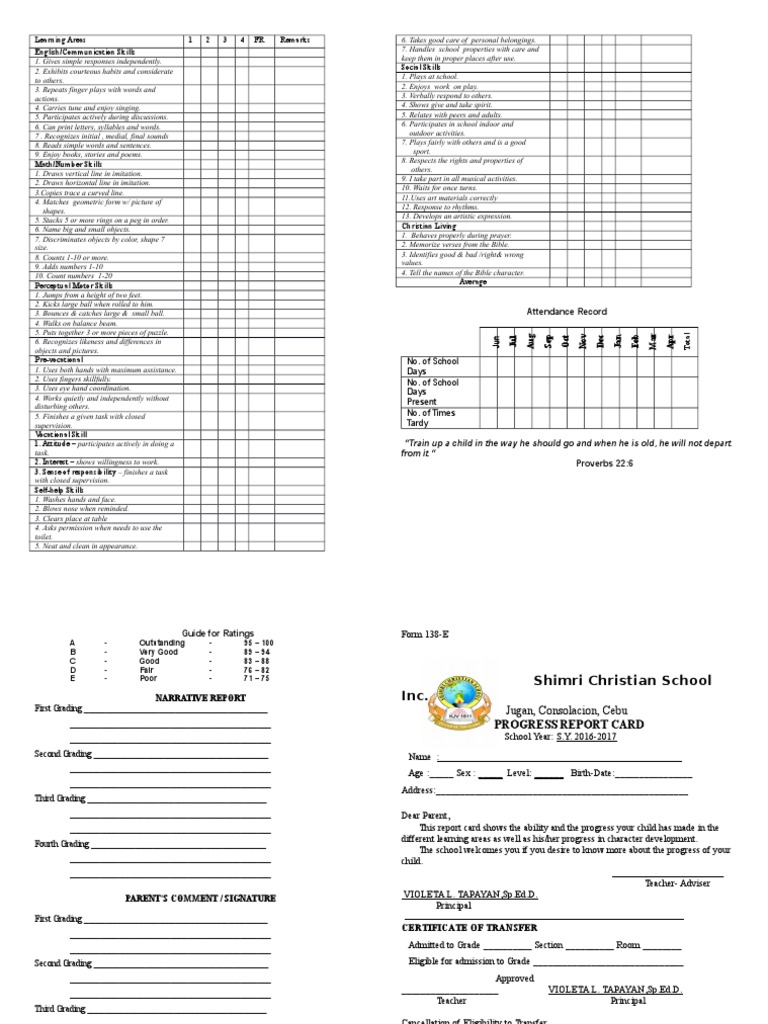 Kindergarten Progress Report Template | PDF | Imitation | Cognition