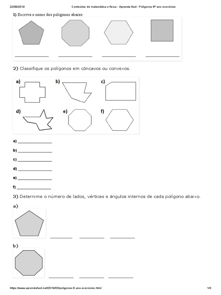 Exercícios sobre Polígonos 6º Ano | PDF | Polígono | Euclides