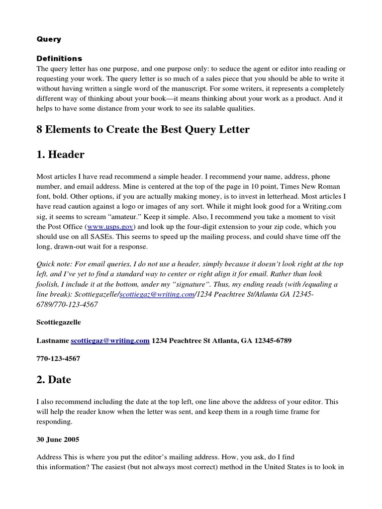 8 Elements To Create The Best Query Letter 1. Header WWW Usps.gov PDF Publishing Copy