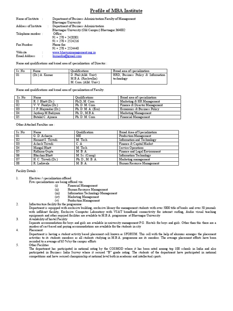 MBA Institute Profiles and Facilities | PDF | Master Of Business ...