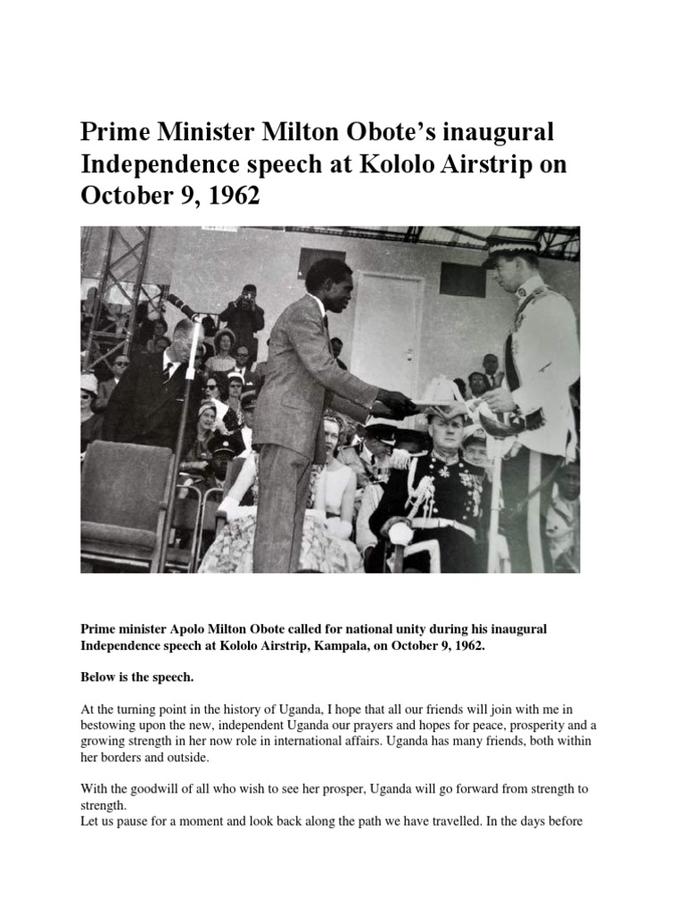 Obote's Inaugural Speech on Uganda's Independence | PDF | Uganda ...