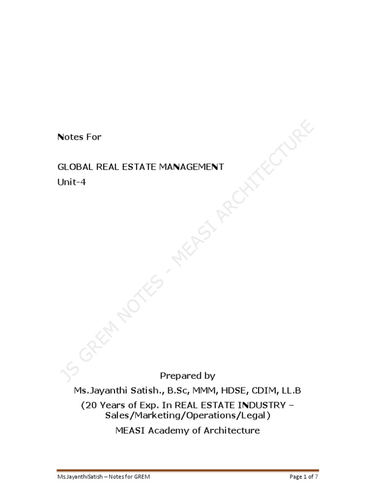 Notes For Global Real Estate Management Unit-4 | PDF | Leverage ...