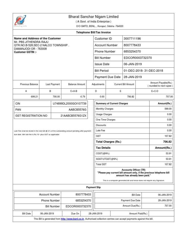 monthly-telephone-bill-for-mr-pbs-jithendra-raju-listing-charges-for