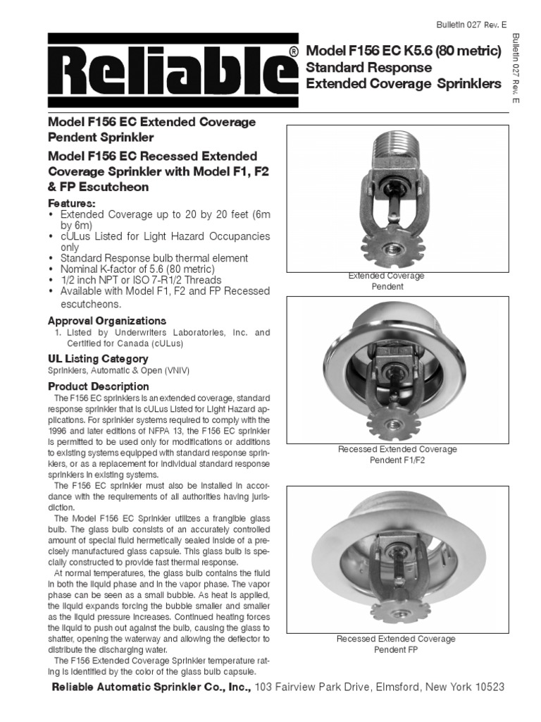 Model F156 EC Extended Coverage Pendent Sprinkler Model F156 EC