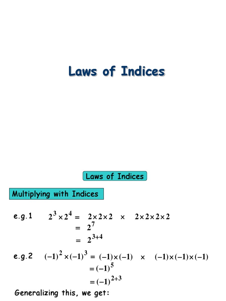 The Laws of Indices Multiplying, Dividing, and Powers of Powers with
