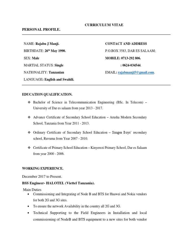 Curriculum Vitae Personal Profile Contact And Address 3 G Tanzania