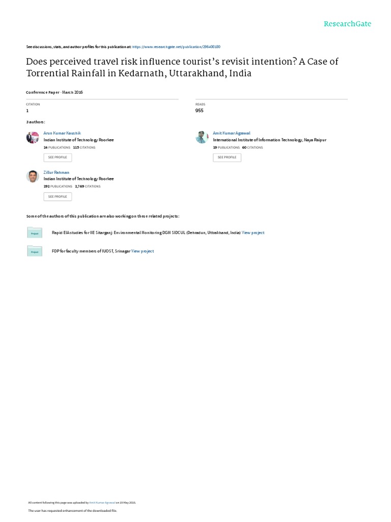 Does Perceived Travel Risk Influence Tourist S Revisit Intention A Case Of Torrential Rainfall In Kedarnath Uttarakhand India Sugarcane Corporate Social Responsibility