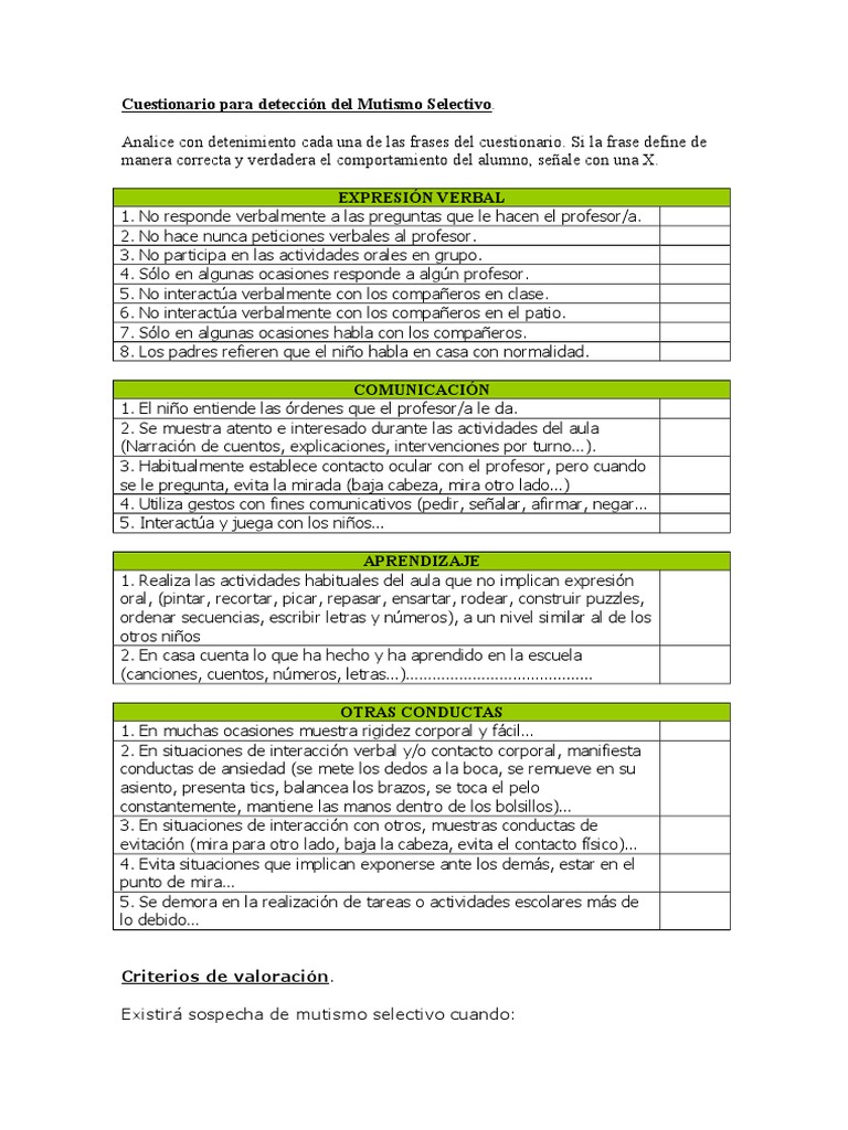Cuestionario para Mutismo Selectivo | PDF | Trastornos profundos del ...
