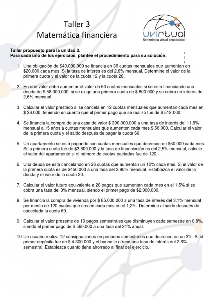 Taller de Matemática Financiera | PDF | Dinero | Economias