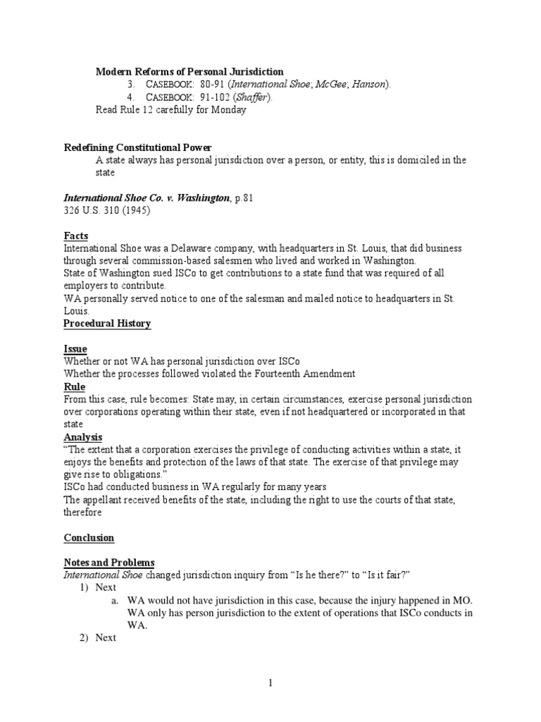 International Shoe Co. v. Washington, p.81 Asebook Asebook PDF