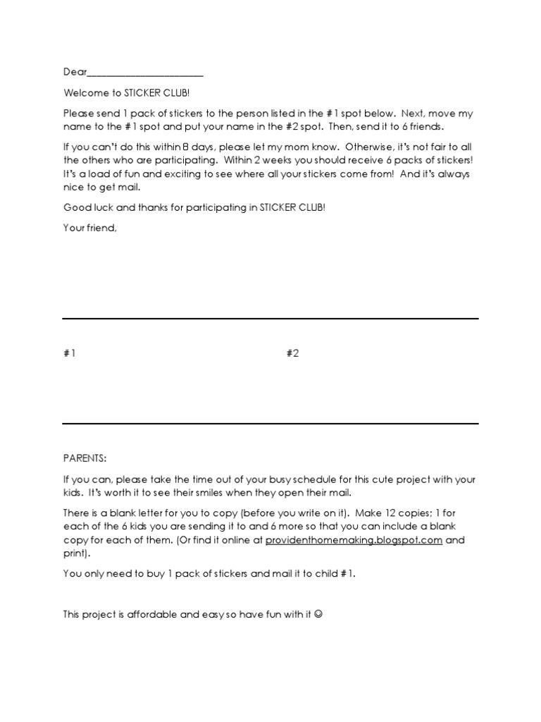 Sticker Club Chain Letter Instructions | PDF