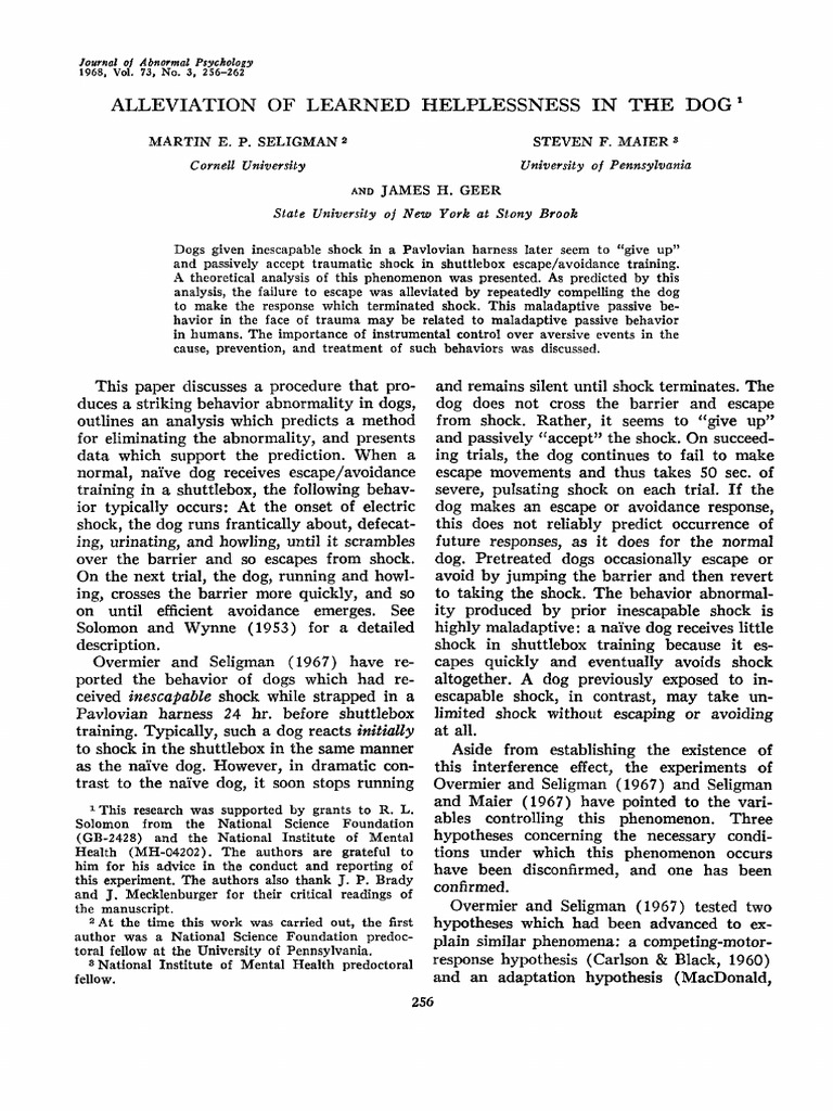 Alleviating Learned Helplessness in Dogs Through Forced Exposure to