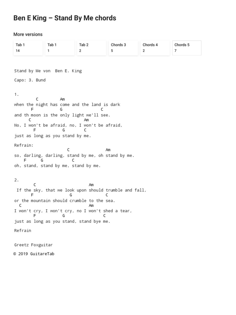 Stand by Me Chords Ver. 5 With Lyrics by Ben E King Easy Chords and