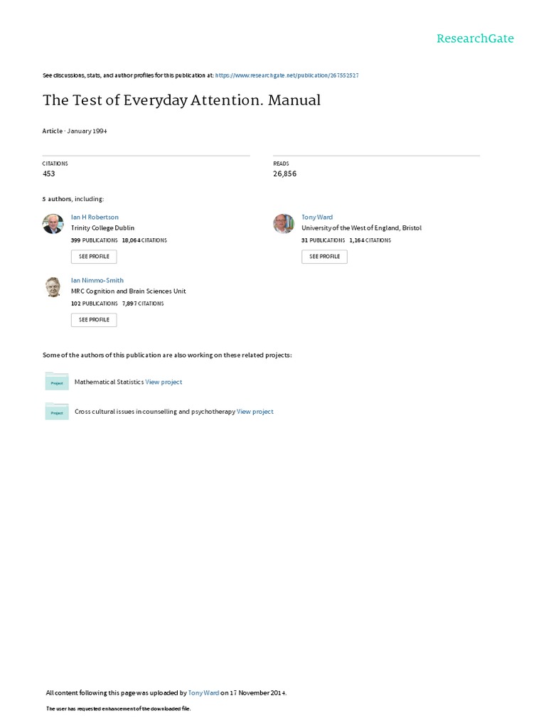 The Test Of Everyday Attention Manual Pdf Attention Validity
