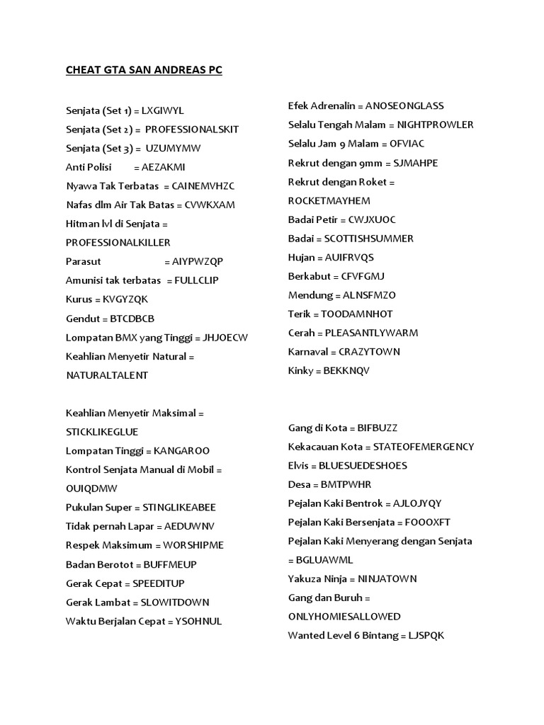 Cheat Gta San Andreas PC | PDF