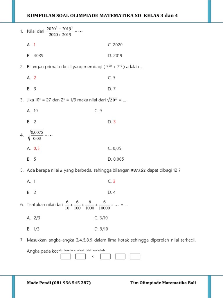 Kumpulan Soal Olimpiade Matematika Sd Kelas 5 Dan 6