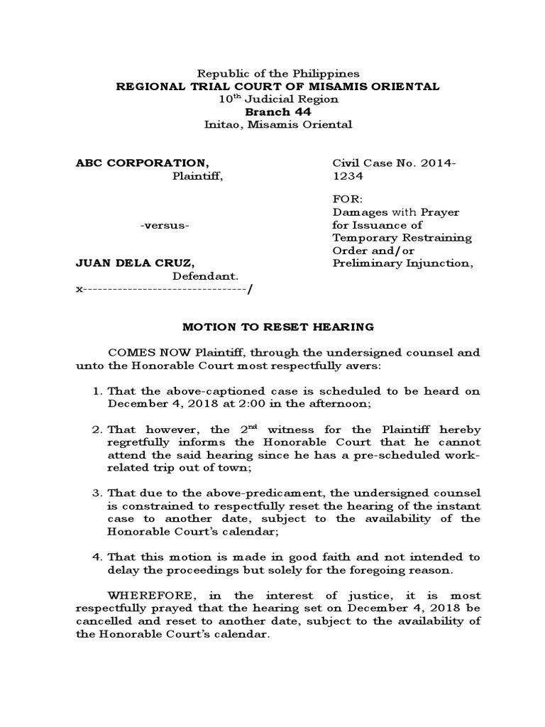 Sample Motion To Reset Hearing PDF Separation Of Powers Lawsuit