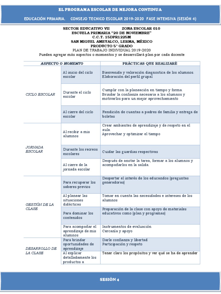 s4 5 Plan de Trabajo Individual 20192020 Quinto Grado