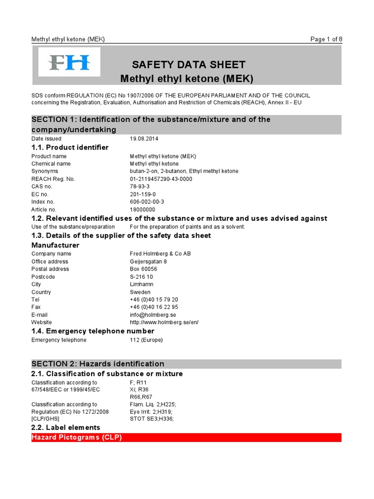 Safety Data Sheet Mek | PDF | Carbon Dioxide | Toxicity