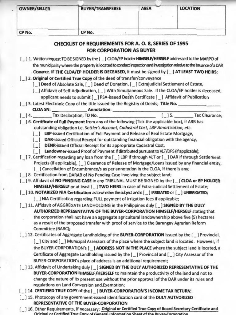 Requirements for DAR Clearance CLOA Lands Transfer to Corporation