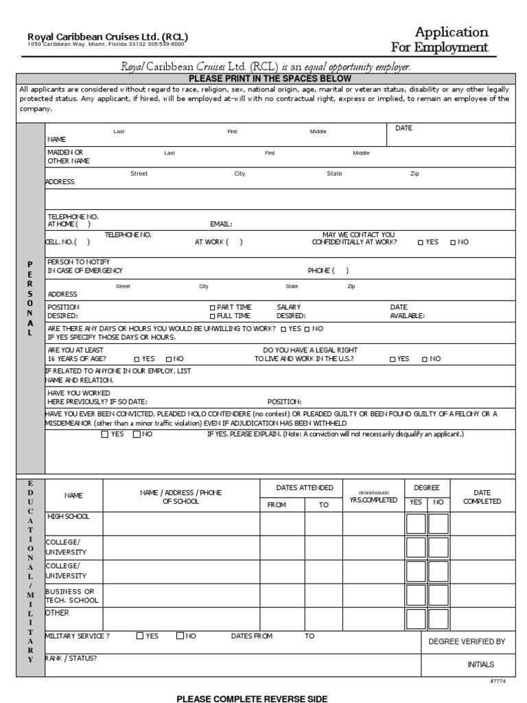 Royal Caribbean Job Application Form | PDF | Nolo Contendere | Employment