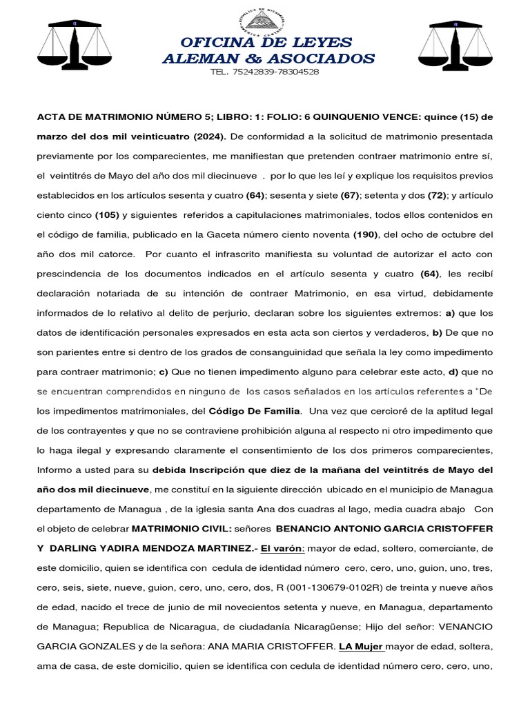 ACTA MATRIMONIO Nicaragua Matrimonio Prueba gratuita de 30 días Scribd