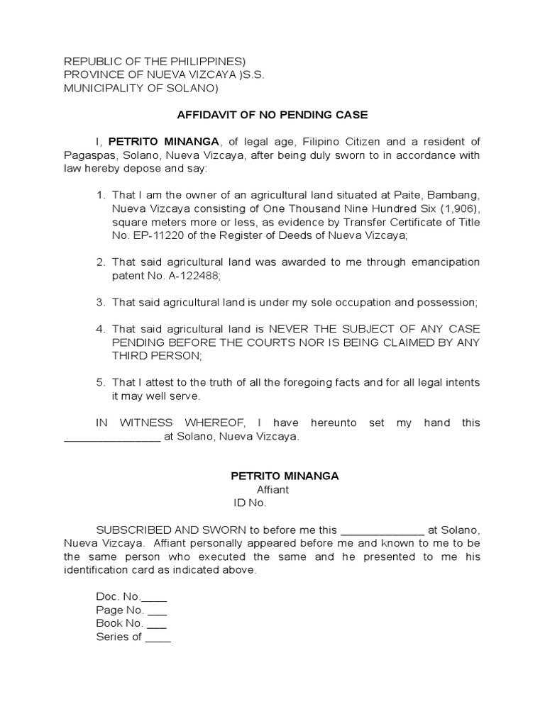 Affidavit of No Pending Case for Land | PDF | Law