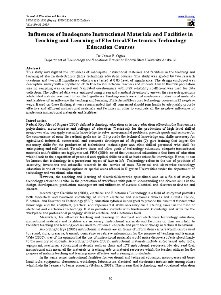 Influences of Inadequate Instructional Materials and Facilities in