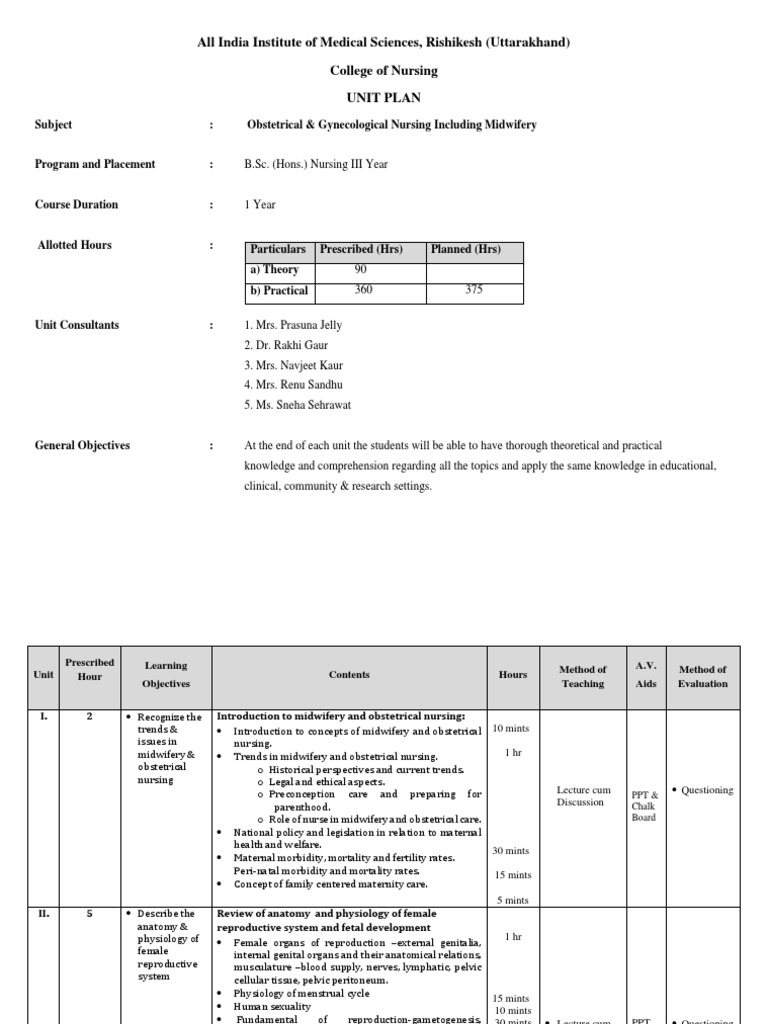 B.Sc. Nursing OBG Unit Plan Overview | PDF | Childbirth | Infants