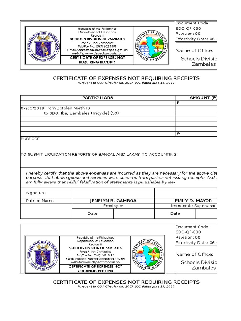Certificate of Expenses Not Requiring Receipts: Name of Office: Schools ...
